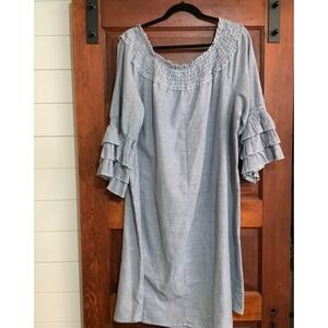 Mlle Gabrielle Blue White Striped Off Shoulder Ruffle Sleeve Dress 2X